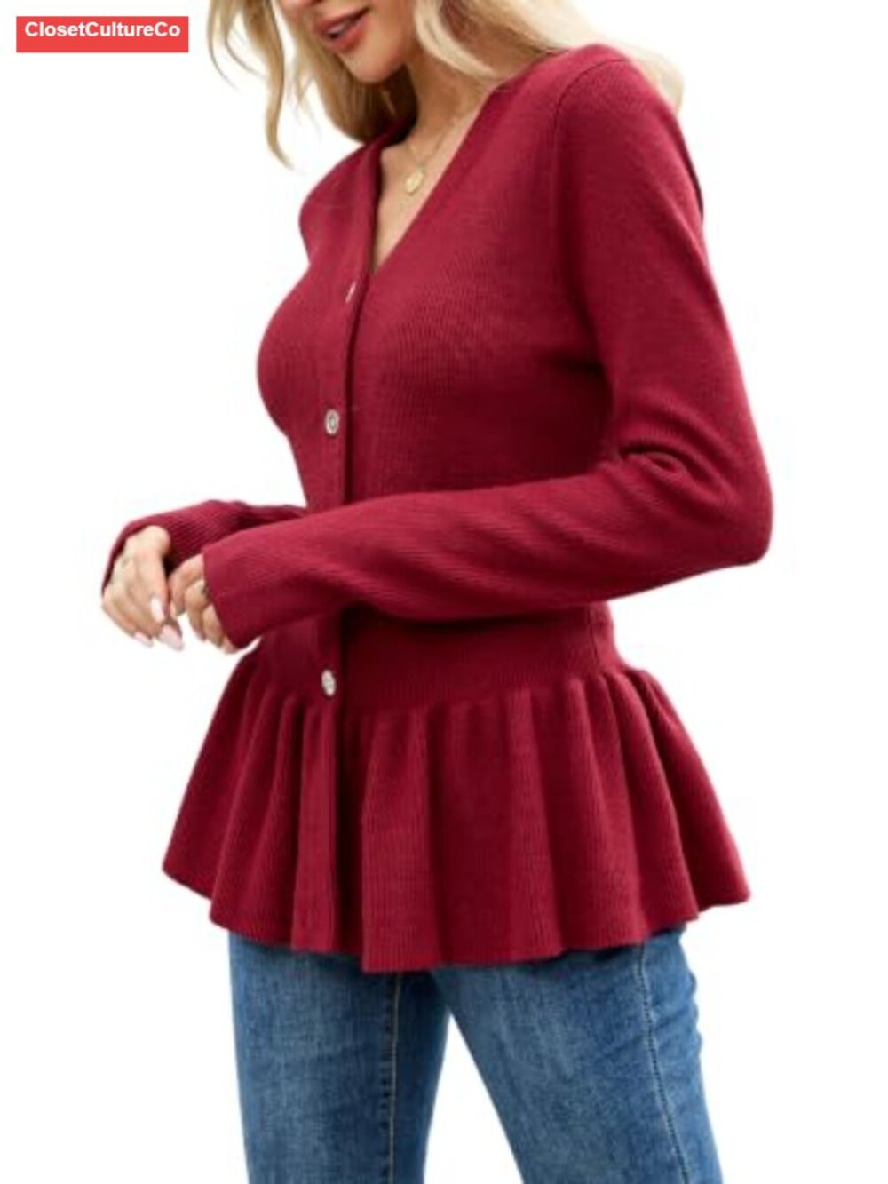 Button Down Ribbed Knit Ruffle Peplum Cardigan Sweater